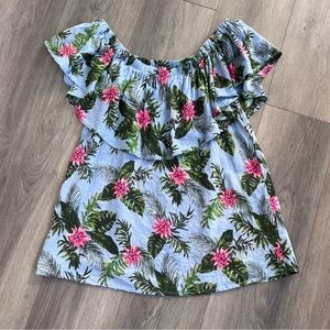 Umgee Blue Floral Ruffle Blouse